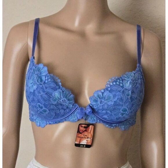 Victoria's Secret Miracle Bra Pushup Deadstock vintage blue lace overlay 34B - Picture 1 of 7